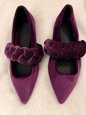 ASOS DESIGN Purple Velvet Flats Braided Strap Rhinestones Pointed Toe US size 6